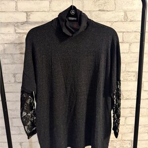 Elegant Charcoal Sweater with Lace Sleeves
